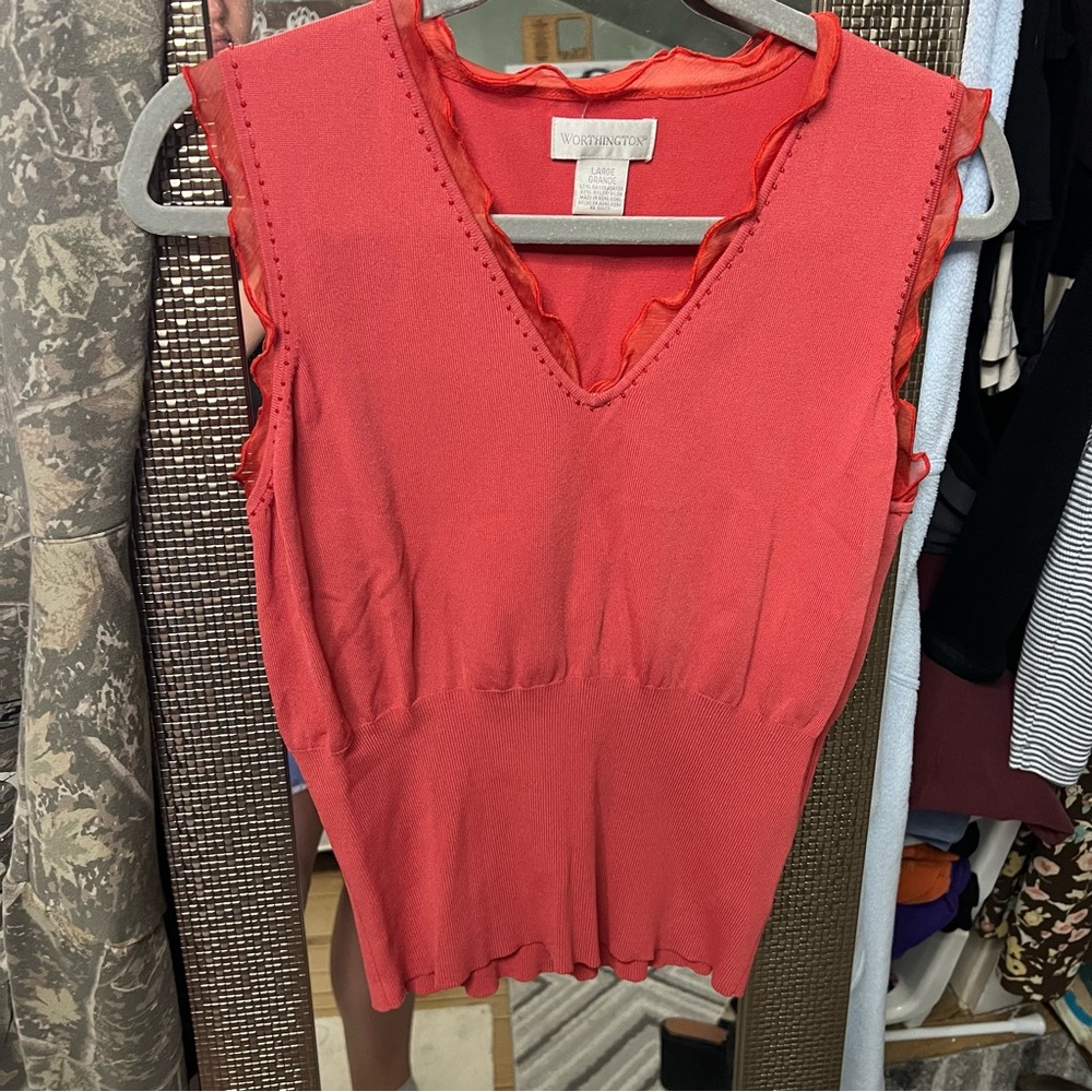 Worthington Coral Sleeveless V-Neck Ruffle Trim Tank